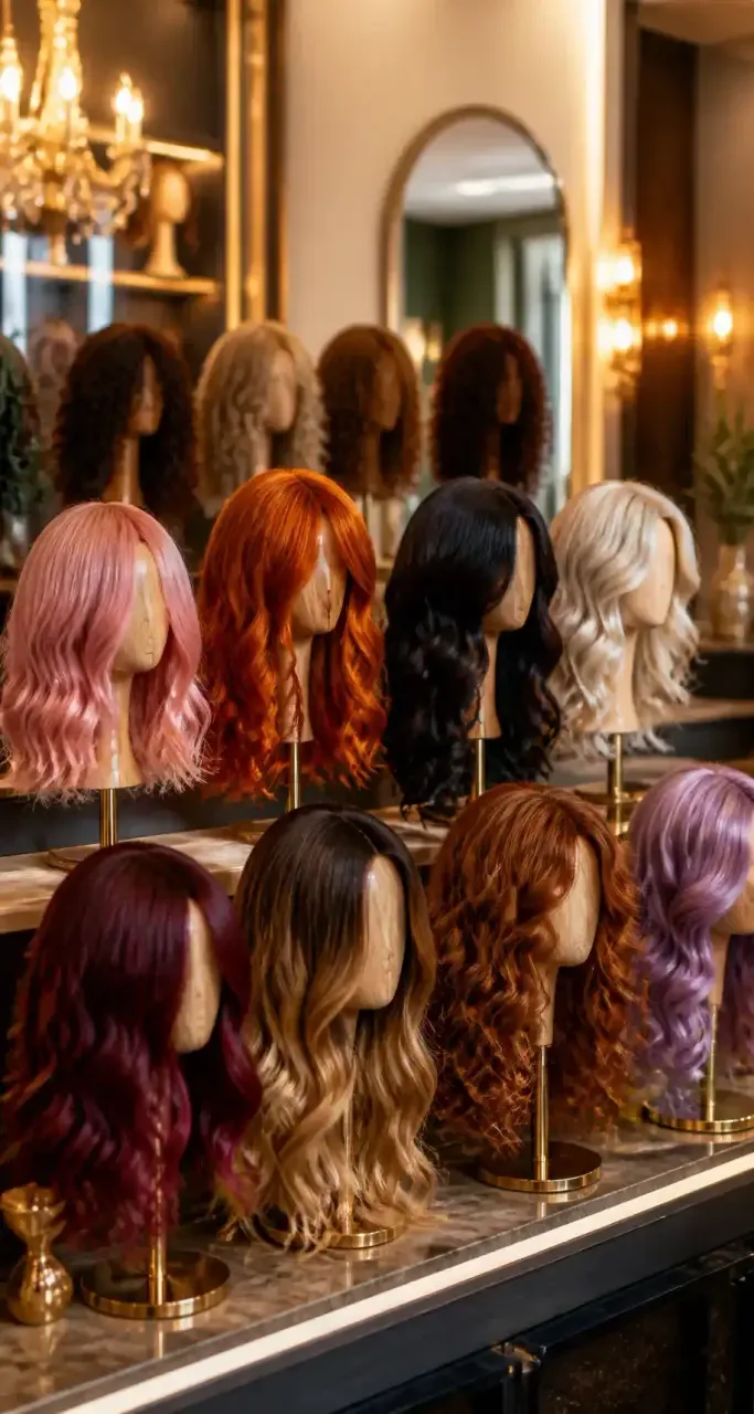 Collection de perruques féminines dans un atelier de coiffure