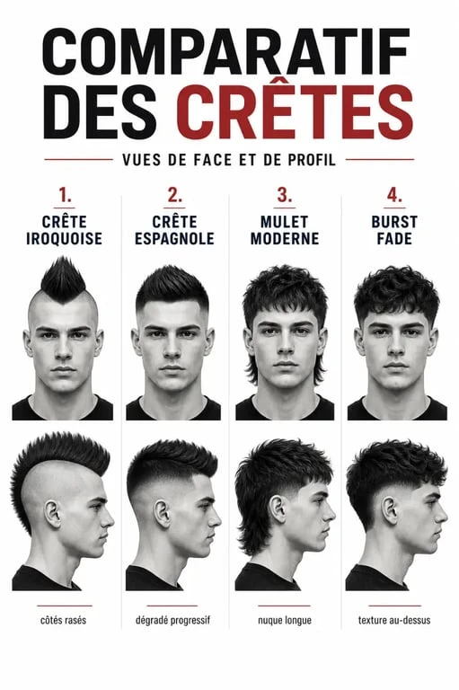 Comparatif visuel de la coupe de cheveux crête avec ses variantes principales