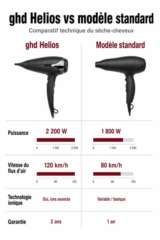 Infographie comparative des performances du sèche-cheveux ghd Helios pour un avis détaillé