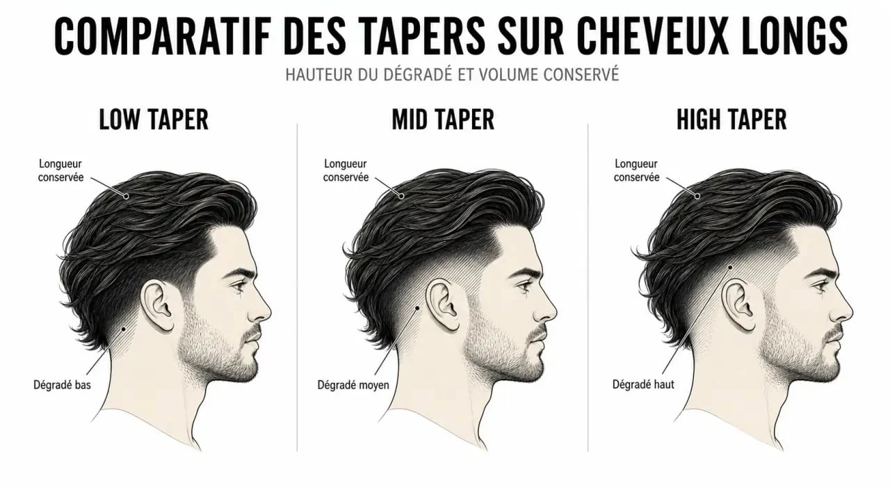 Comparatif visuel des coupes taper : low, mid et high taper sur cheveux longs