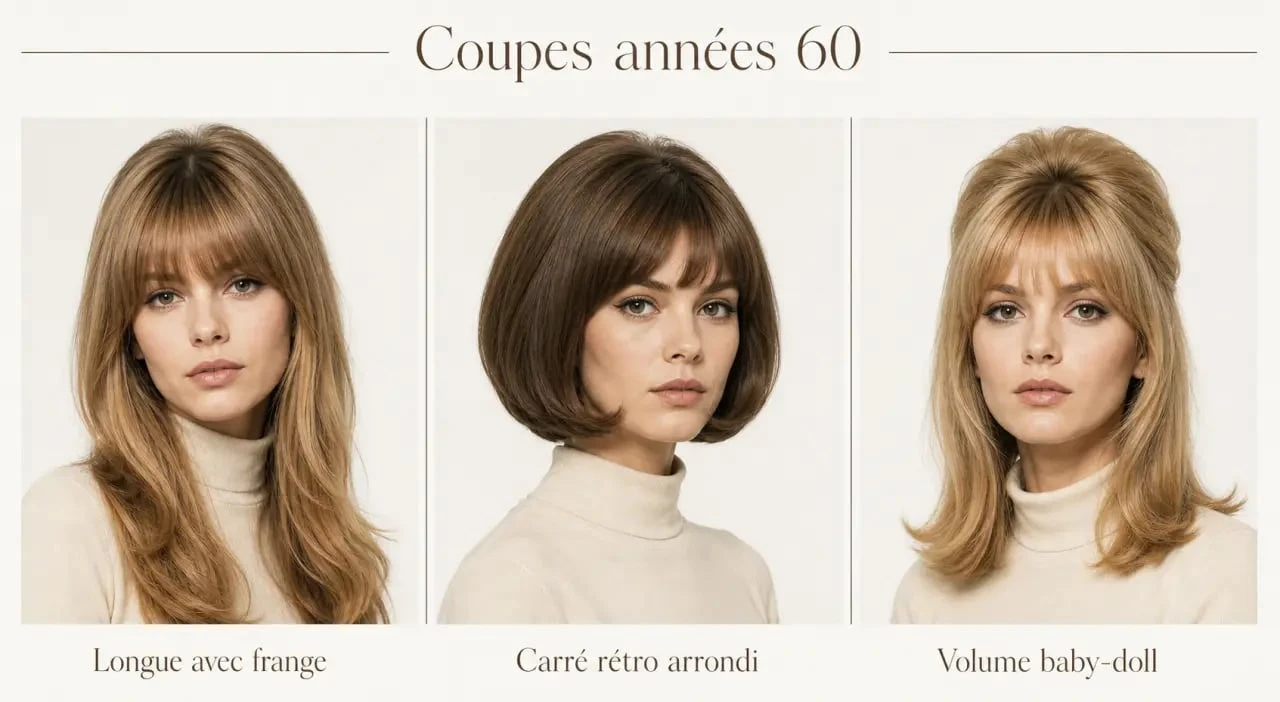 Coupe annee 60 : trois variantes rétro avec frange, carré et volume baby-doll