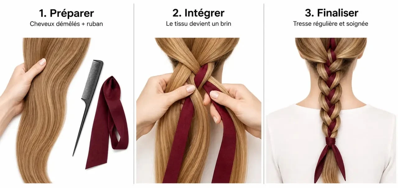 Tresse tissus cheveux réalisée pas à pas avec un ruban et un foulard