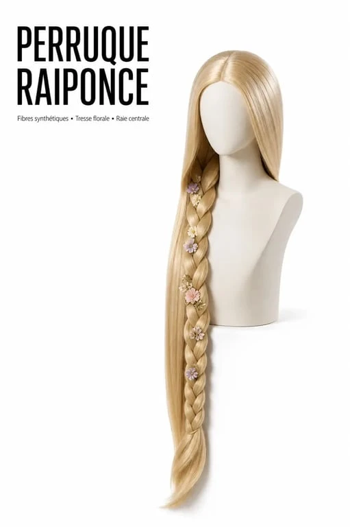 Perruque raiponce blonde très longue avec tresse et fleurs sur mannequin