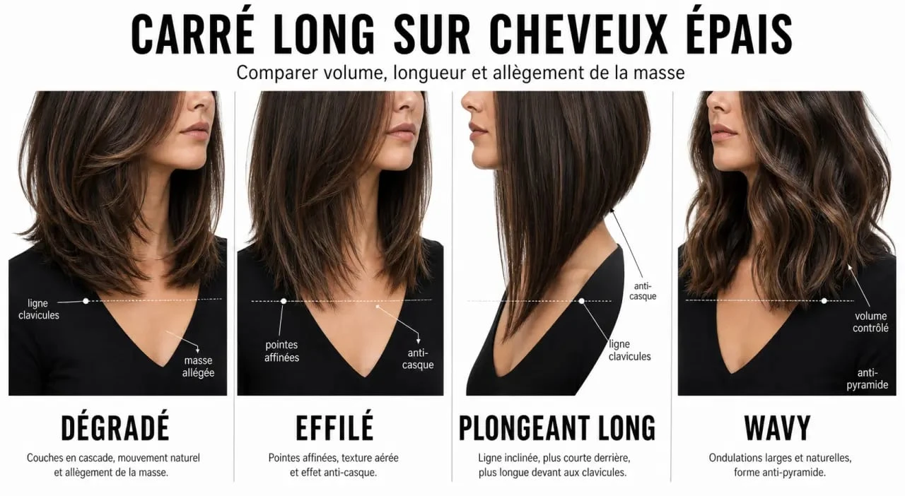 Carré long cheveux épais : comparaison visuelle des variantes dégradée, effilée, plongeante et wavy
