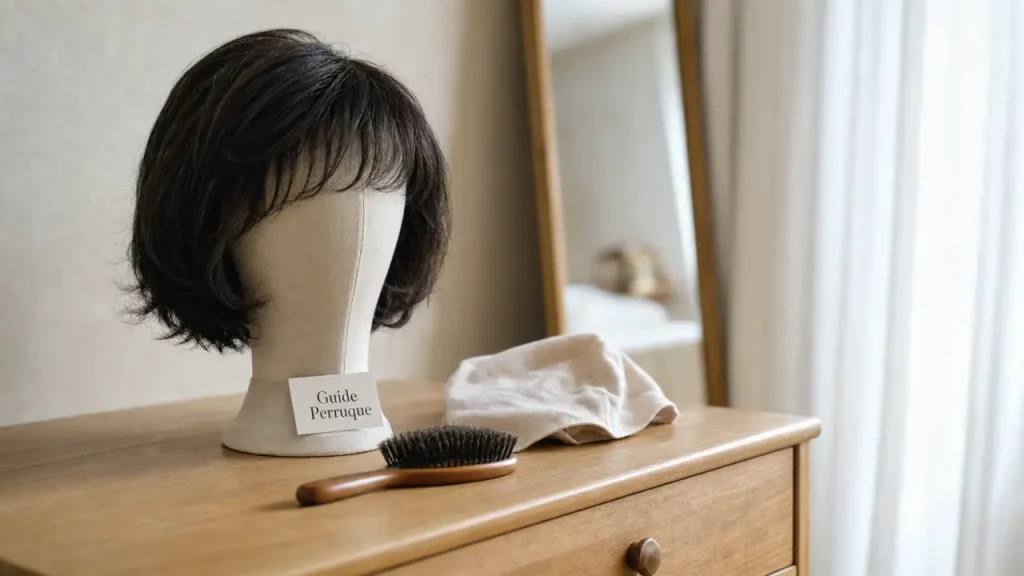 e.t perruque médicale noire, bonnet et brosse, confort et matières à vérifier