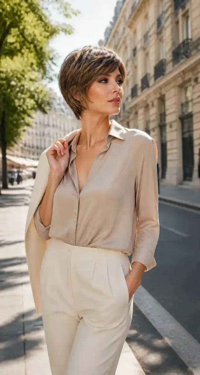 Femme en perruque courte dans une rue parisienne élégante