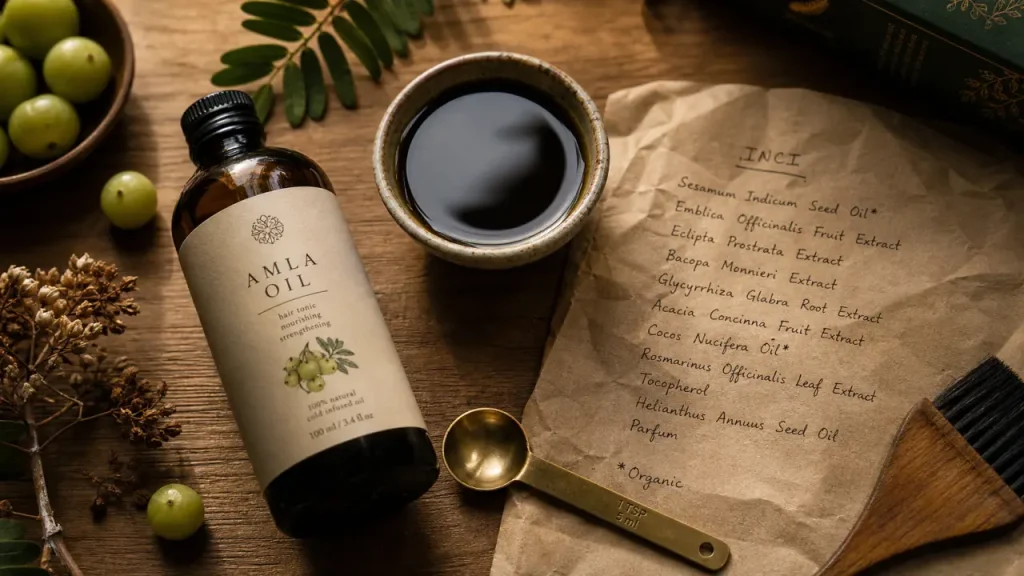 Huile amla, macérât et bain d’huile sur table bois, étiquette INCI