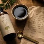 Huile amla, macérât et bain d’huile sur table bois, étiquette INCI