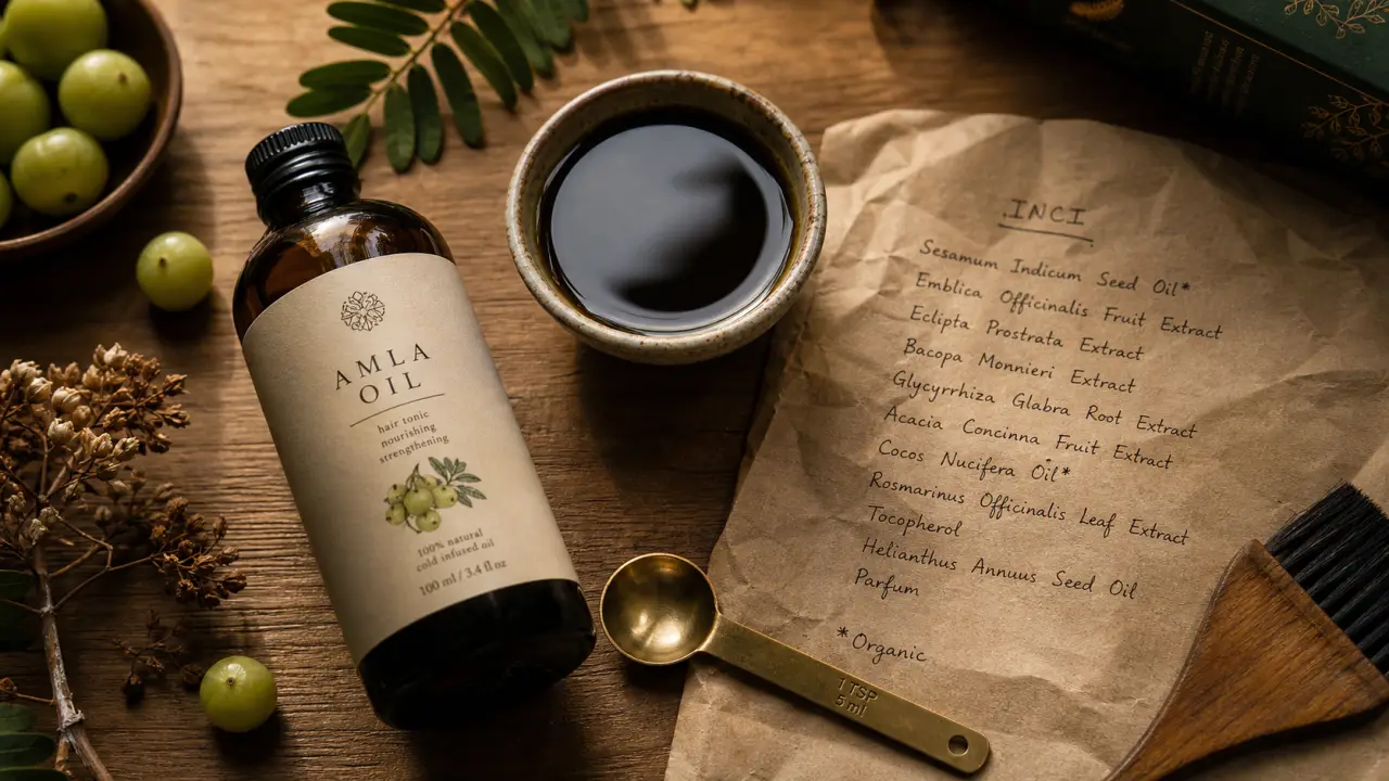 Huile amla, macérât et bain d’huile sur table bois, étiquette INCI