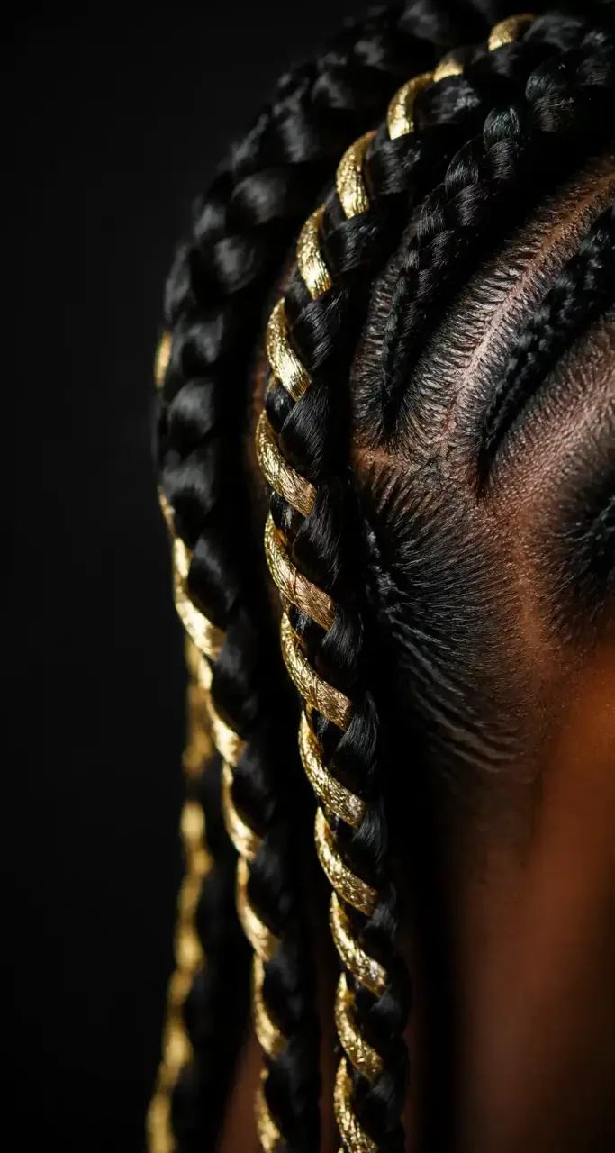 Macro d'une tresse africaine ornée de fils dorés