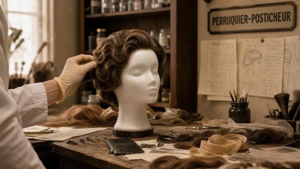 Perruquier en atelier : perruque médicale sur mannequin