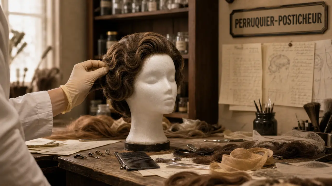 Perruquier en atelier : perruque médicale sur mannequin