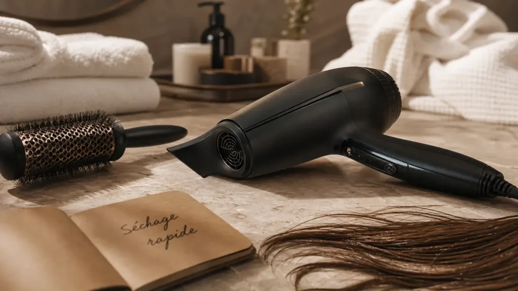 Seche cheveux ghd avis : sèche-cheveux Helios noir mat, embout concentrateur et cheveux lissés