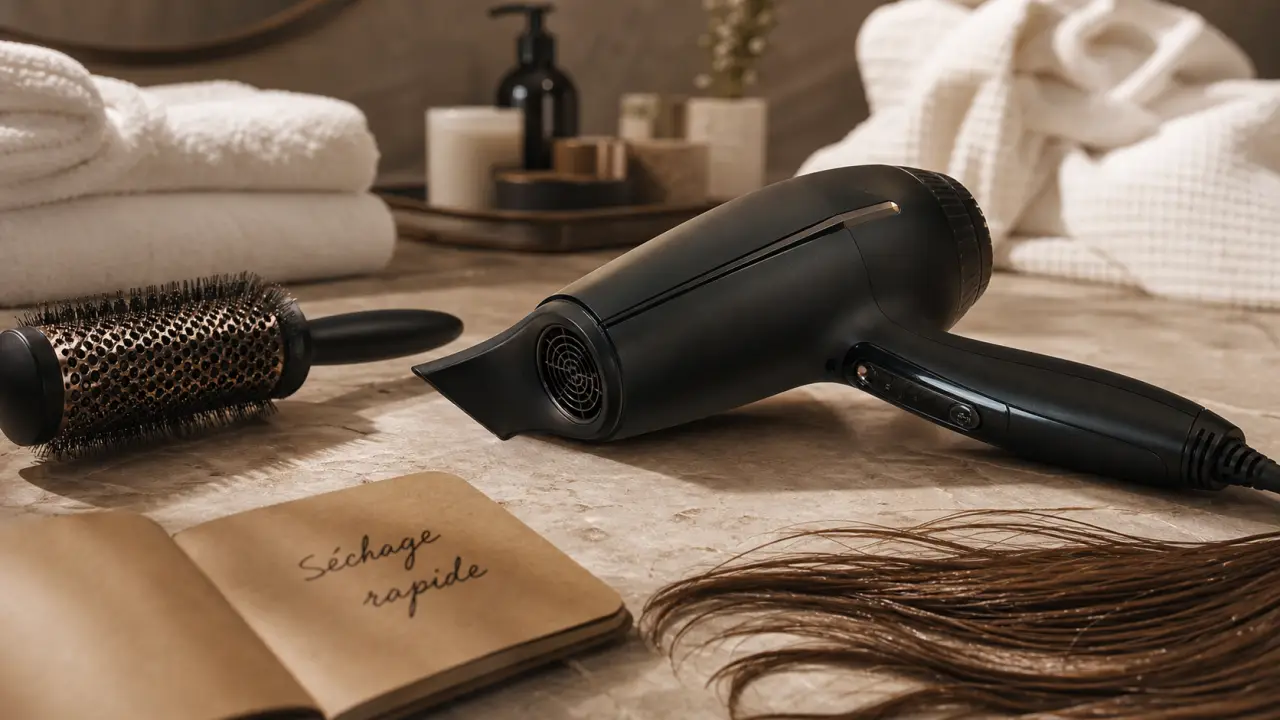 Seche cheveux ghd avis : sèche-cheveux Helios noir mat, embout concentrateur et cheveux lissés
