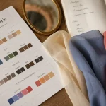 Test de colorimétrie gratuit : sous-ton, contraste et saison, tissus et papier sur table