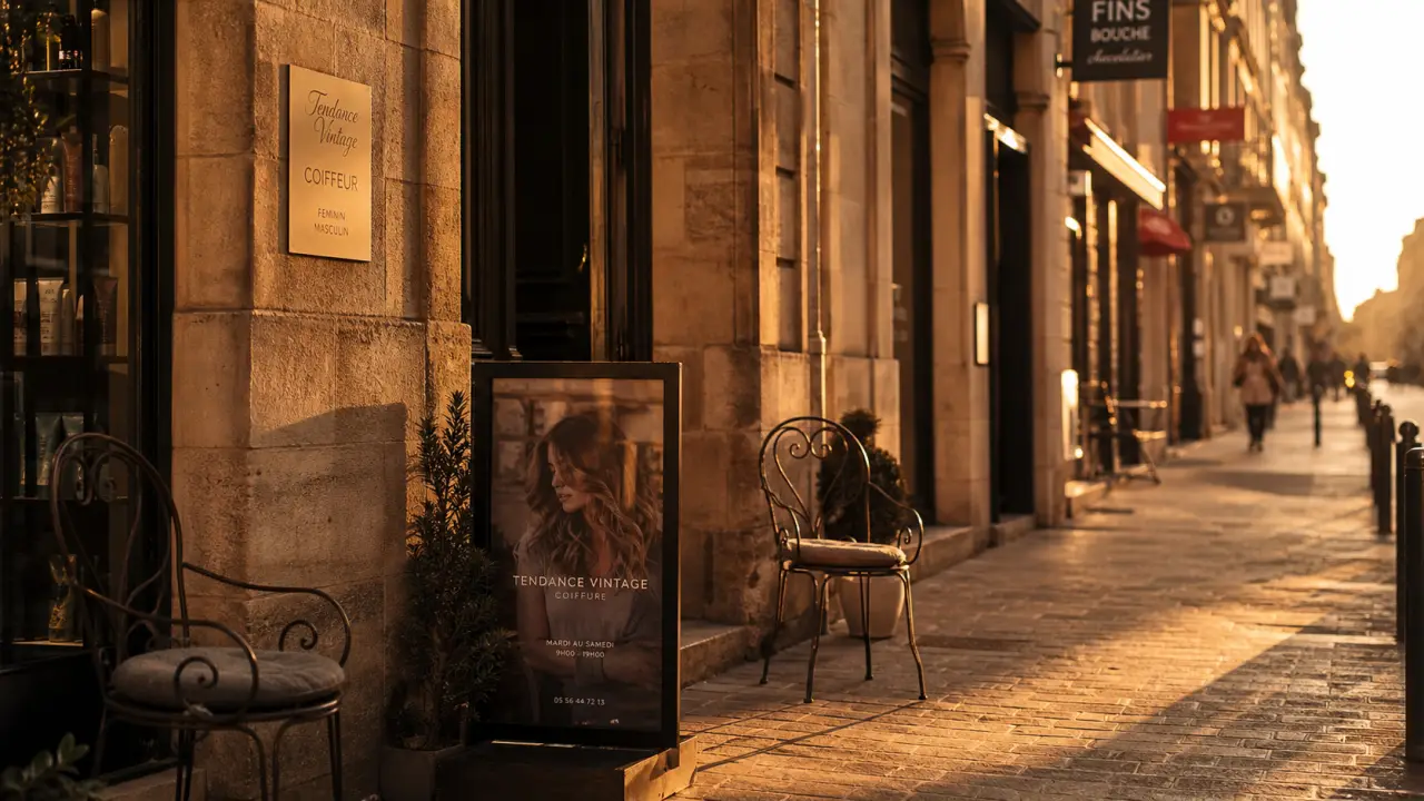 Tendance vintage salon de coiffure à Bordeaux, entrée 204 rue Sainte-Catherine au coucher du soleil