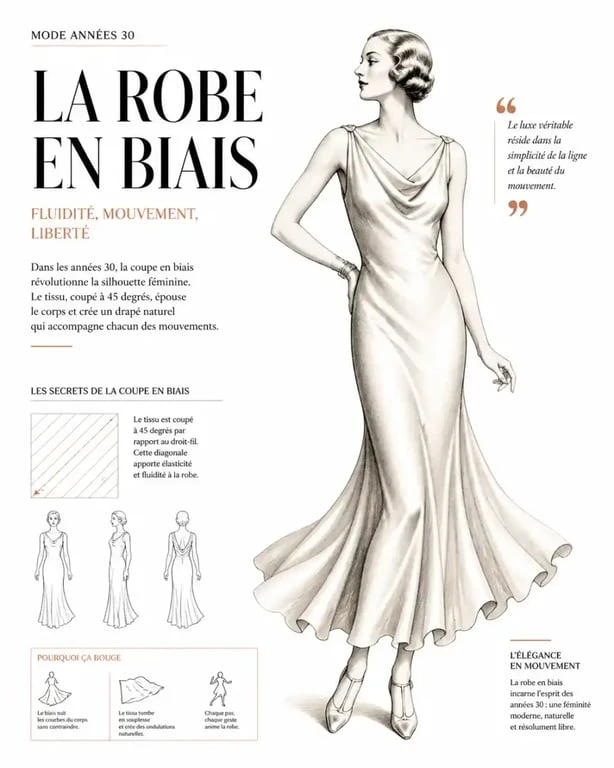Silhouette féminine en robe coupe en biais style années 30