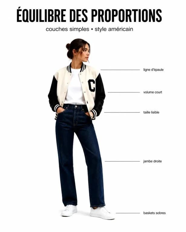 style américain femme : exemple de tenue avec jean droit, veste teddy et baskets