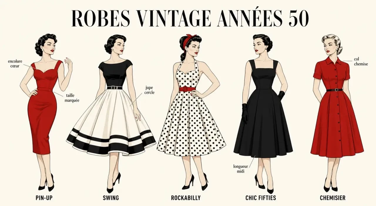 Comparatif visuel des styles de robe vintage année 50 : pin-up, swing, rockabilly, chic fifties et chemisier