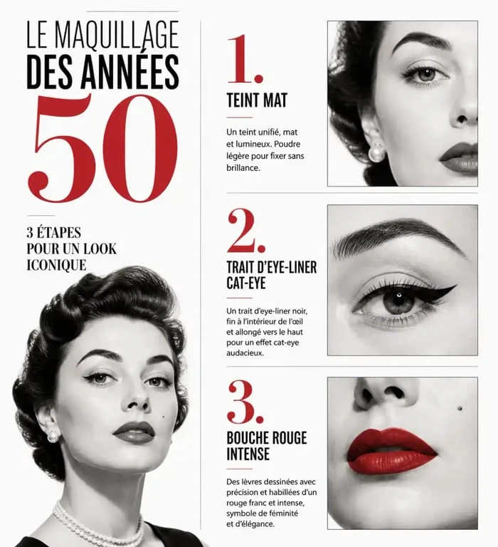 Étapes clés du maquillage des années 50 : teint, regard et bouche