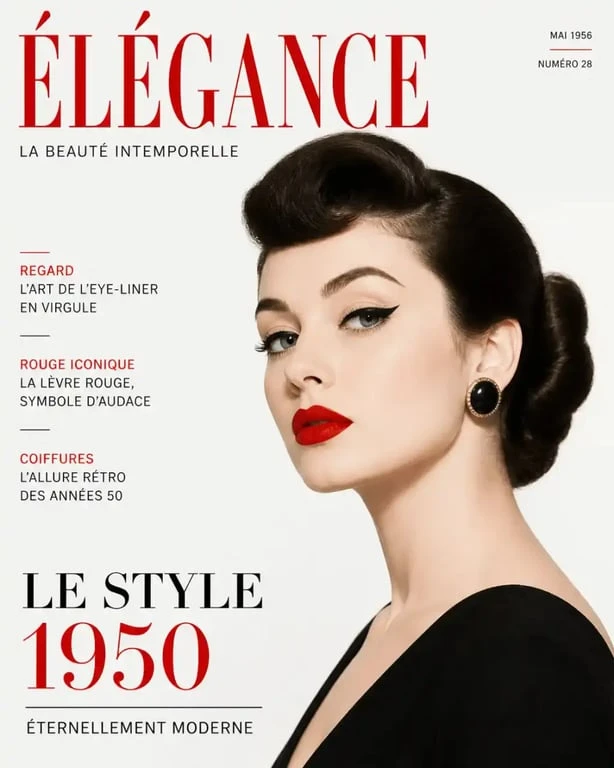 Maquillage des années 50 avec teint mat, eye-liner cat-eye et rouge à lèvres rouge iconique