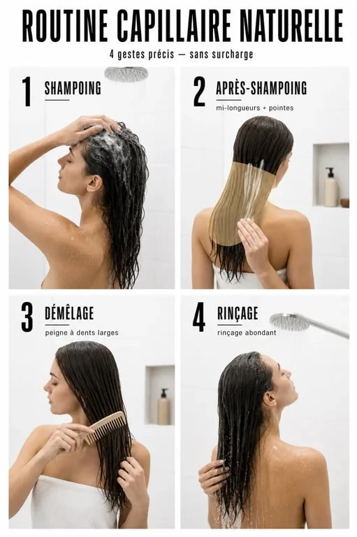 Routine d’après shampoing naturel sur cheveux mouillés, application sur les longueurs et pointes