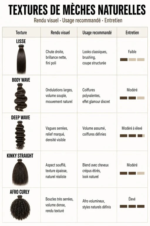 Infographie comparative des mèches naturel : textures, usages et entretien