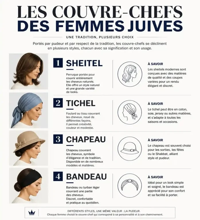 Infographie comparative des couvre-chefs portés par les femmes juives : sheitel, tichel et chapeau