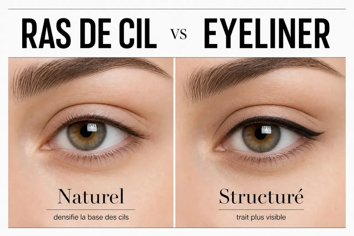 Maquillage yeux semi permanent : comparaison visuelle entre ras de cil naturel et eyeliner semi-permanent plus marqué