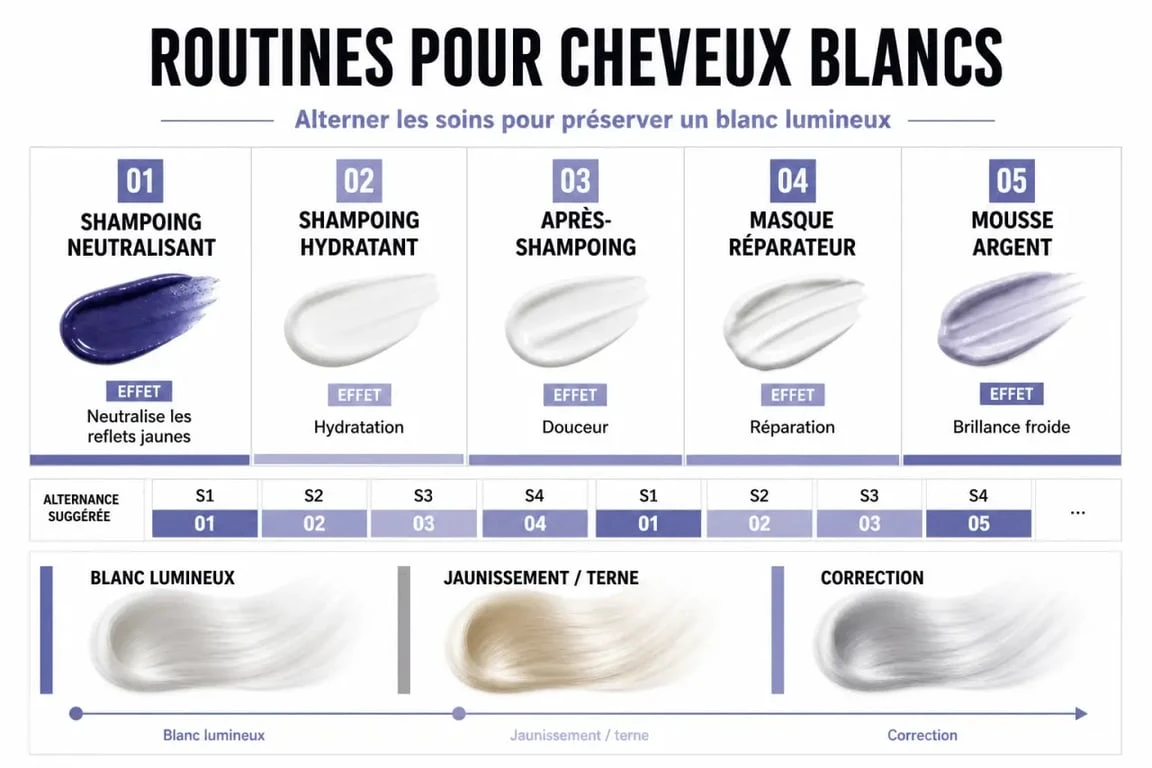 Illustration comparative du soin cheveux blancs avec shampoing neutralisant, hydratant, après-shampoing, masque et mousse argent