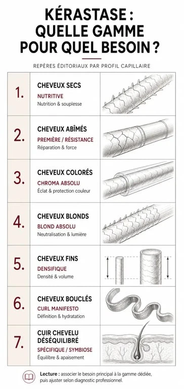Infographie comparant les gammes soin cheveux Kérastase selon le type de cheveux et le besoin capillaire