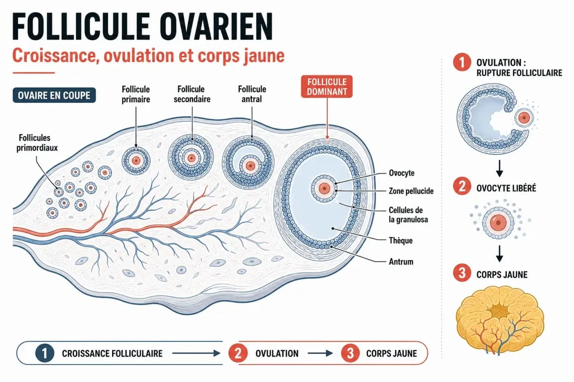 Qu’est-ce qu’un follicule : schéma du follicule ovarien, de l’ovocyte à l’ovulation