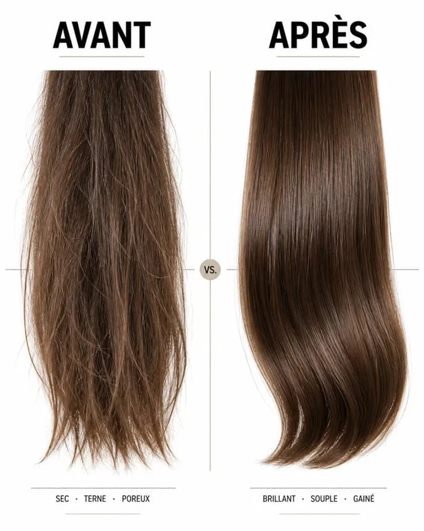 Soin botox cheveux avant/après : comparaison visuelle de cheveux ternes et frisottants avec des cheveux brillants et disciplinés