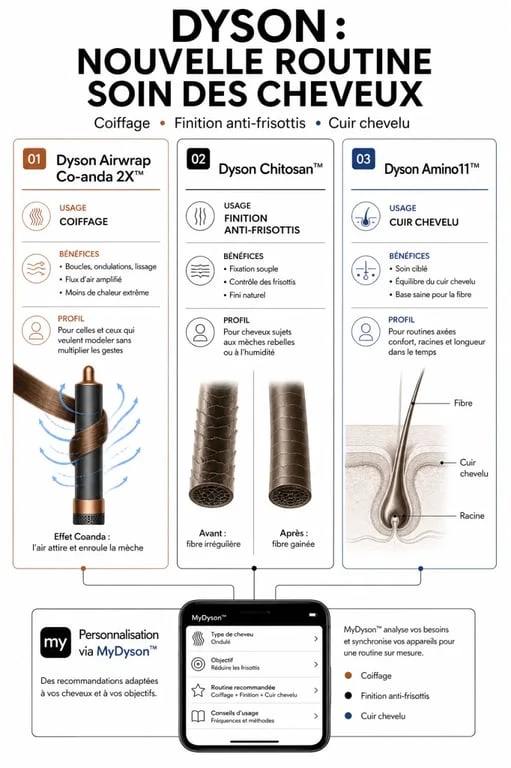 Nouveau soin des cheveux Dyson : infographie comparative des produits Airwrap Co-anda 2X™, Chitosan™ et Amino11™