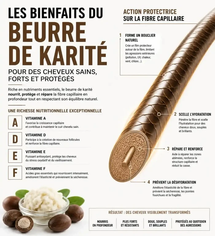 Infographie sur les bienfaits du masque cheveux beurre de karité pour la fibre capillaire