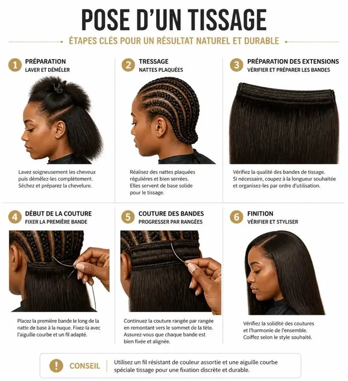 Étapes de pose d'une extension cheveux pour tissage : du tressage à la couture