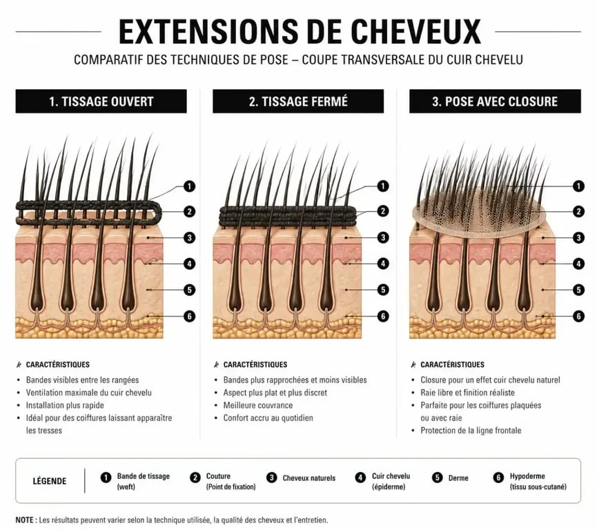 Schéma comparatif des techniques d'extension cheveux pour tissage : ouvert, fermé et closure