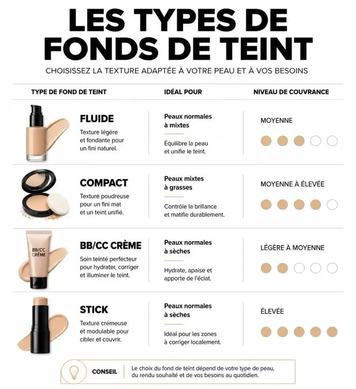 Infographie comparative des textures de fond de teint pour conseil maquillage
