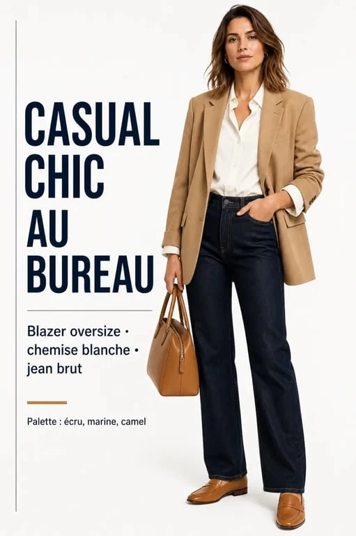 Tenue décontractée femme casual chic avec blazer, chemise blanche et jean brut