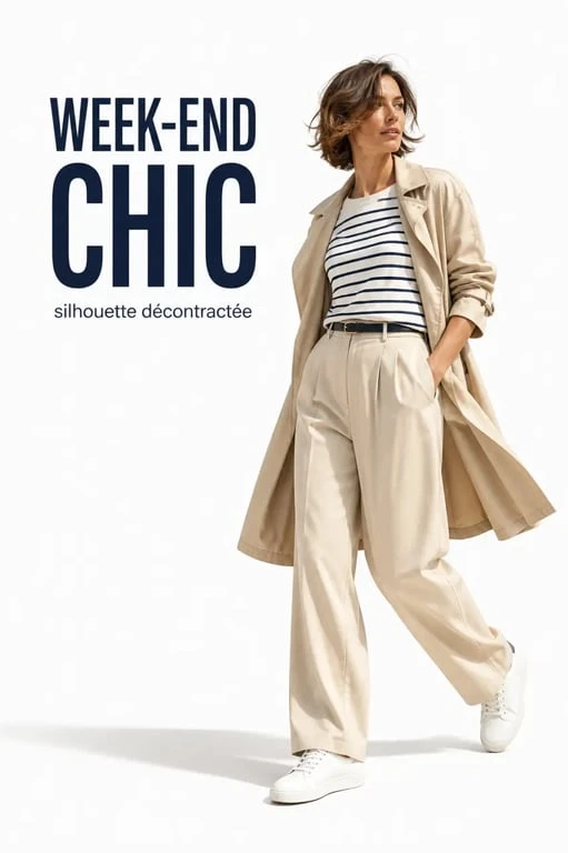 Tenue décontractée femme pour le week-end avec robe-chemise, trench léger et baskets minimalistes