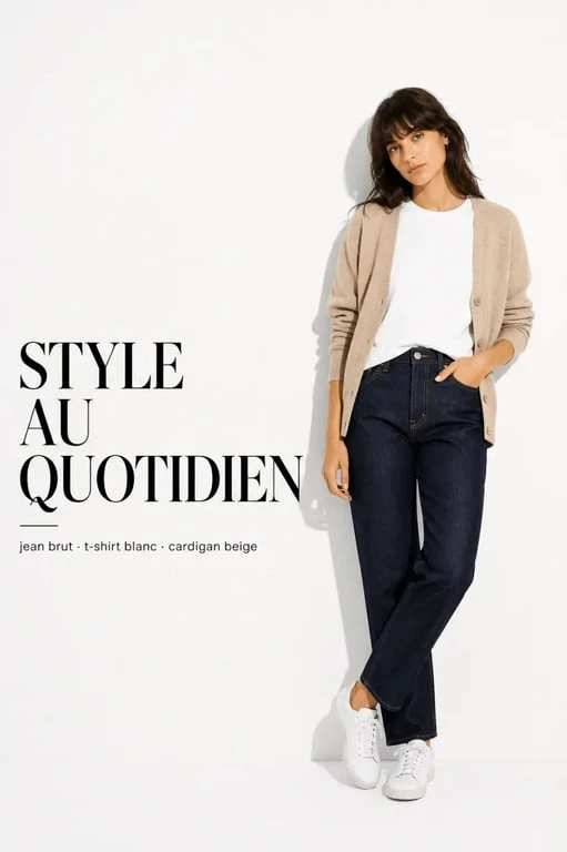 Tenue décontractée femme avec jean droit, t-shirt blanc et cardigan beige pour le quotidien