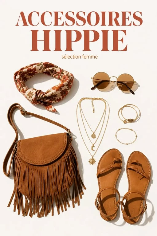 Accessoires de tenue hippie femme : bandeau fleuri, lunettes rondes, sac à franges et bijoux