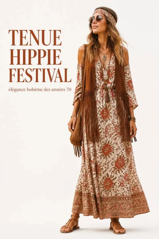 Tenue hippie femme complète pour festival avec robe fluide, bandeau fleuri et accessoires 70’s