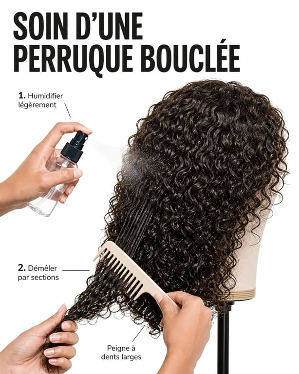 Entretien d’une perruque bouclée avec vaporisation et démêlage délicat