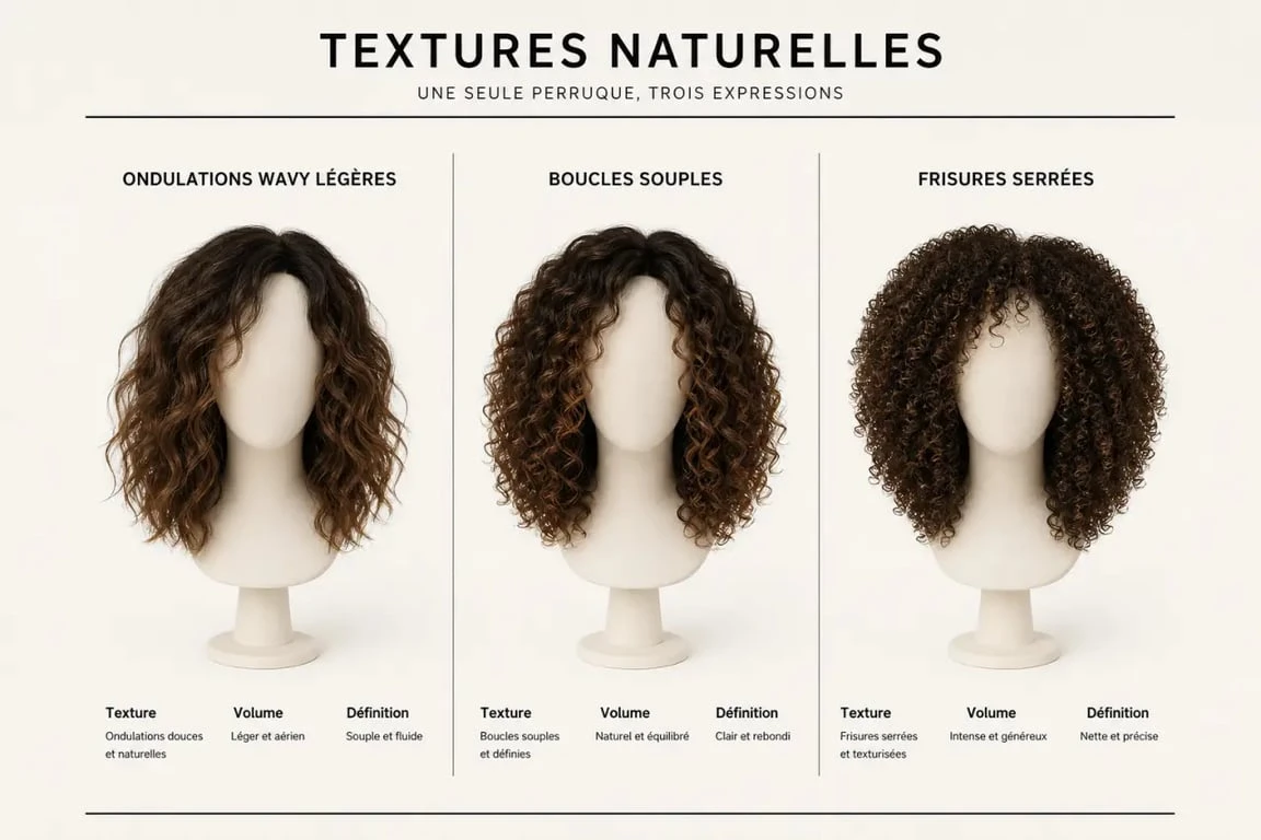 Comparatif de perruque bouclée avec ondulations wavy, boucles souples et frisures serrées