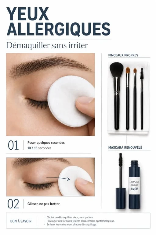 Maquillage yeux allergiques : démaquillage doux et hygiène des outils