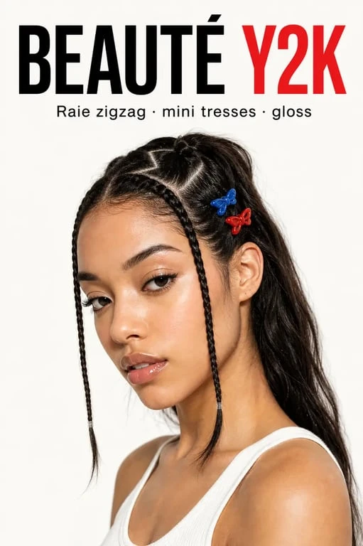 Look année 2000 femme avec coiffure Y2K, raie en zigzag, mini tresses et maquillage glossy