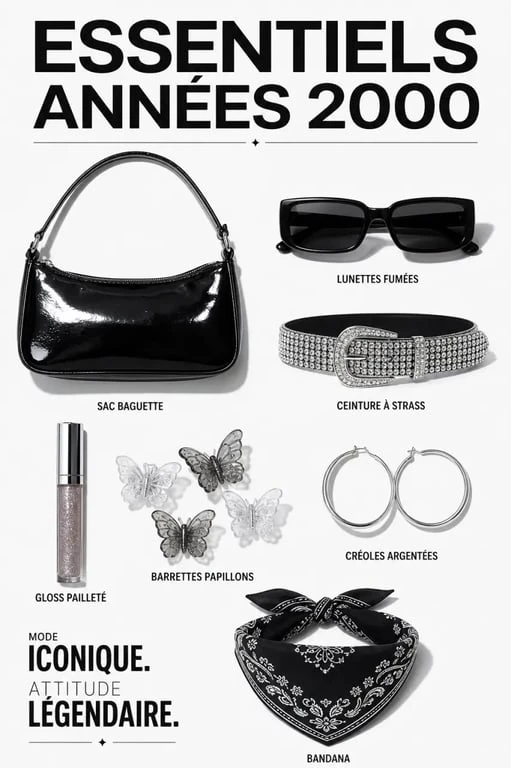 Look année 2000 femme avec sac baguette, lunettes fumées, gloss pailleté et barrettes papillons