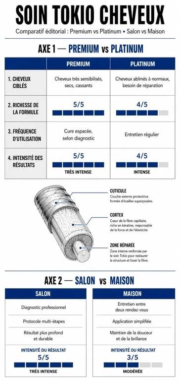 Infographie sur le soin Tokio cheveux : comparaison Premium vs Platinum et salon vs maison