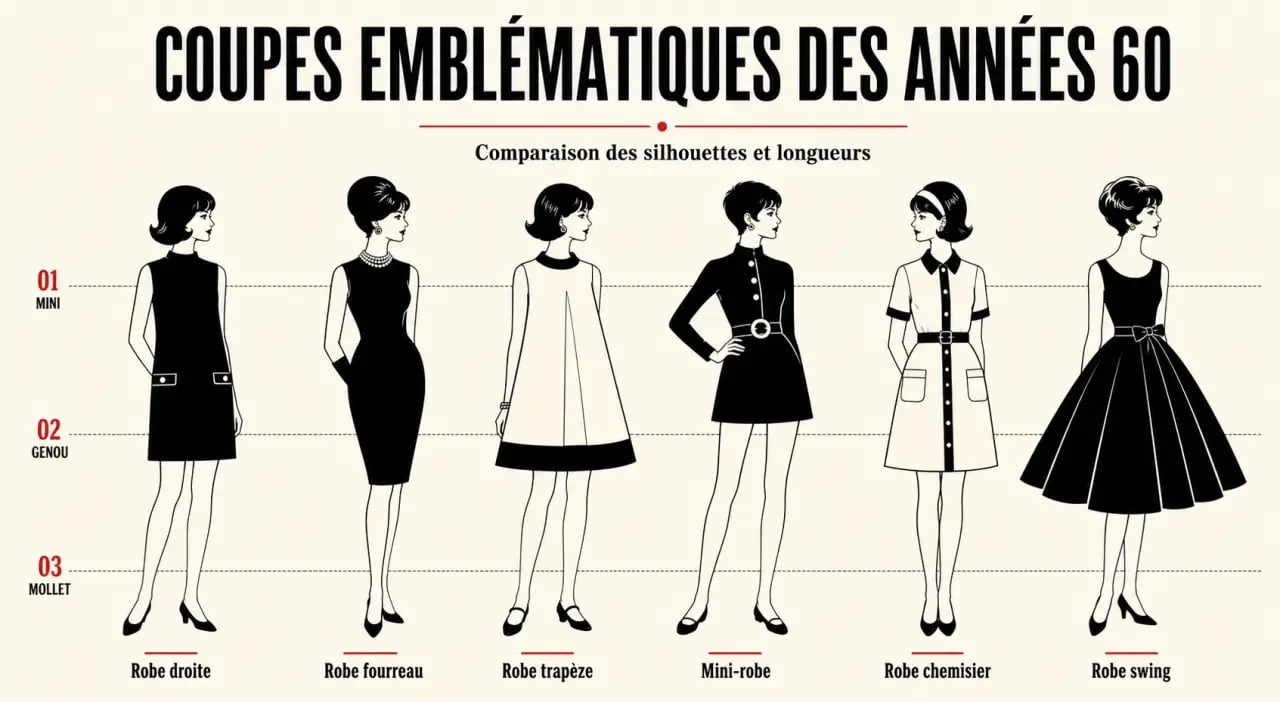 Robe mode année 60 : comparatif visuel des coupes emblématiques des sixties